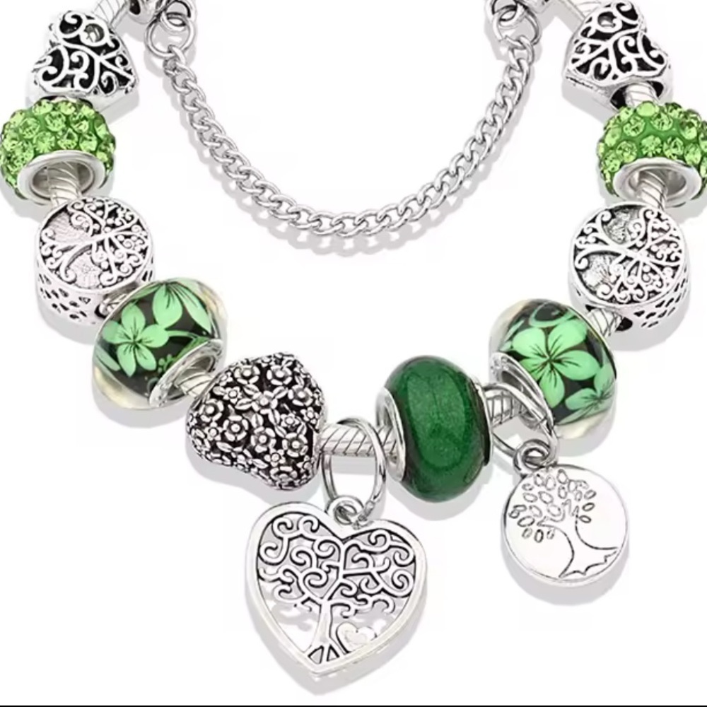 Boho Green Charm Bracelet with Heart Tree of Life Charms Silver color